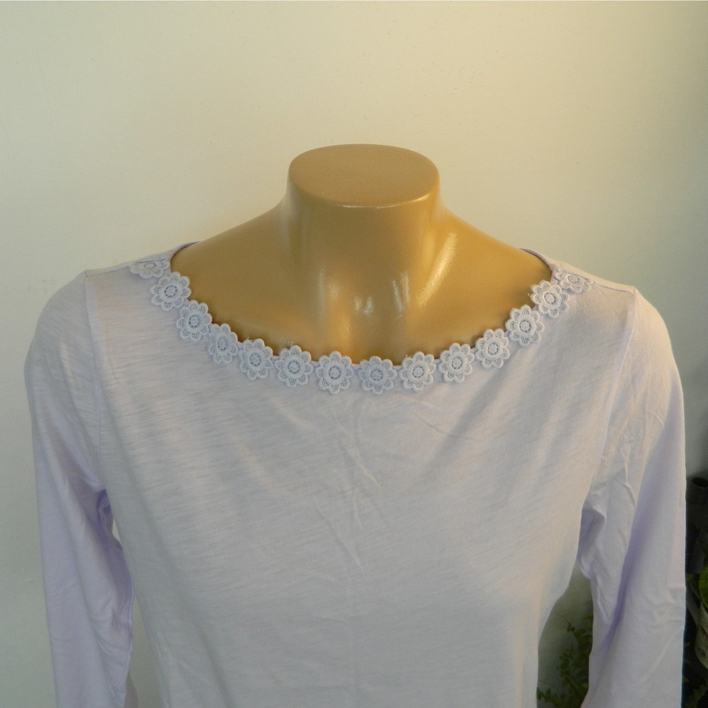 Loft Top Women Medium Lilac Purple 3/4 Sleeve Lace Trim Boat Neck Slub Cotton